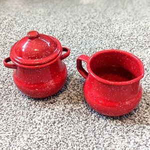 Vintage Red with White Speckled Enamel Sugar Bowl and Creamer